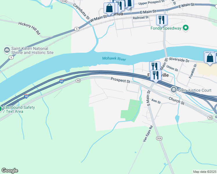map of restaurants, bars, coffee shops, grocery stores, and more near 11 Colby Avenue in Fultonville