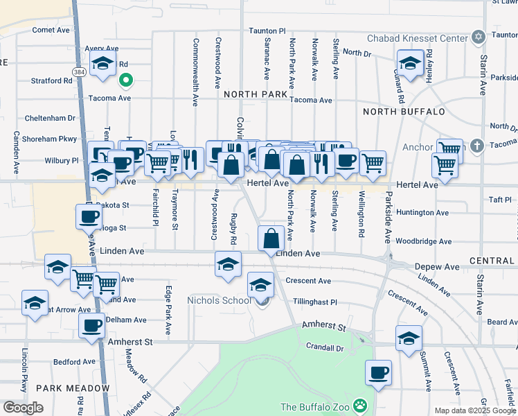 map of restaurants, bars, coffee shops, grocery stores, and more near 199 Colvin Avenue in Buffalo