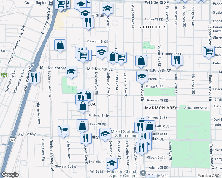 map of restaurants, bars, coffee shops, grocery stores, and more near 924 Jefferson Ave SE in Grand Rapids