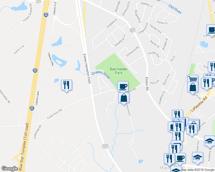 map of restaurants, bars, coffee shops, grocery stores, and more near Hampton Towne Estate in Hampton