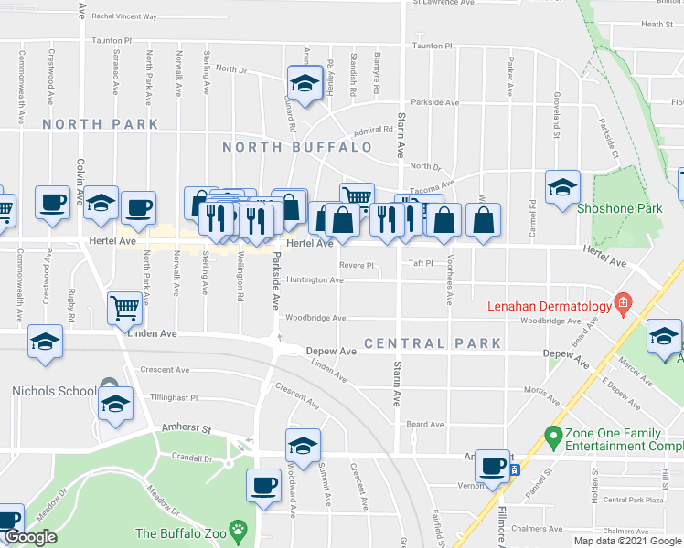 map of restaurants, bars, coffee shops, grocery stores, and more near 385 Huntington Avenue in Buffalo