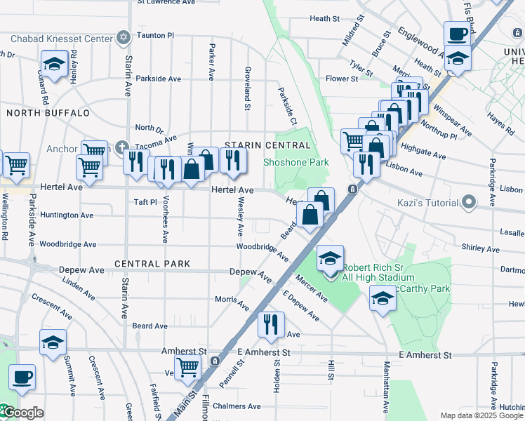 map of restaurants, bars, coffee shops, grocery stores, and more near 91 Huntington Avenue in Buffalo