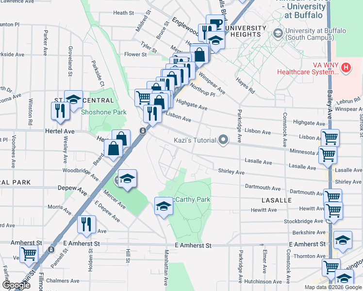 map of restaurants, bars, coffee shops, grocery stores, and more near 98 Lasalle Avenue in Buffalo