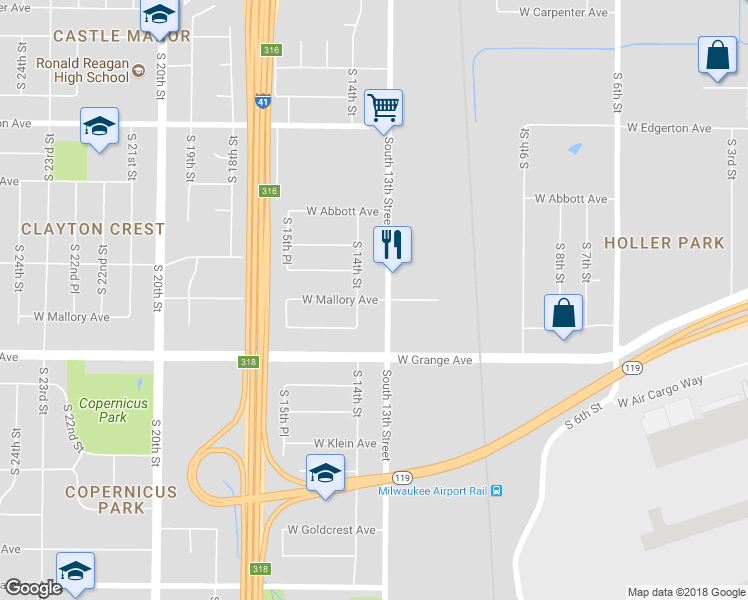 map of restaurants, bars, coffee shops, grocery stores, and more near 1316 West Mallory Avenue in Milwaukee