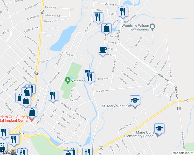 map of restaurants, bars, coffee shops, grocery stores, and more near 6 Clarke Avenue in Amsterdam