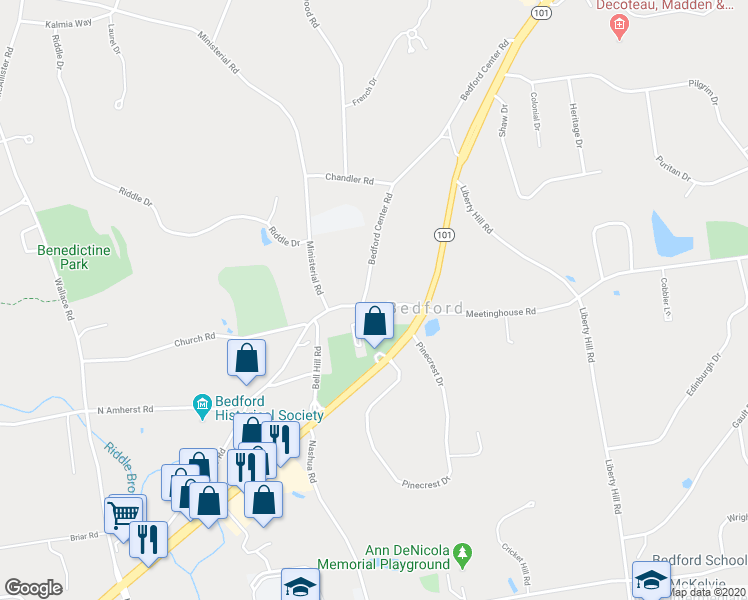 map of restaurants, bars, coffee shops, grocery stores, and more near 70 Bedford Center Road in Bedford