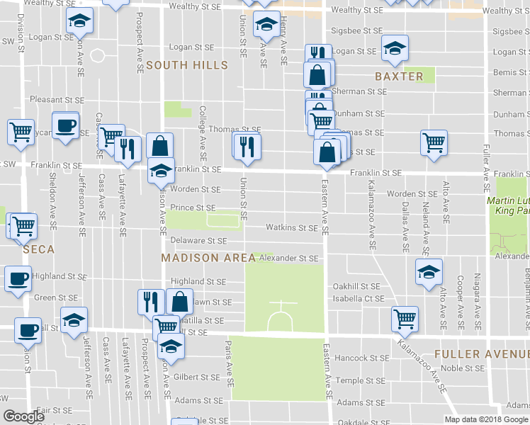 map of restaurants, bars, coffee shops, grocery stores, and more near 628 Prince Street Southeast in Grand Rapids
