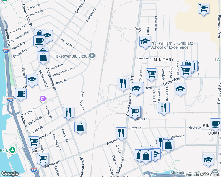 map of restaurants, bars, coffee shops, grocery stores, and more near 23 Foundry St in Buffalo