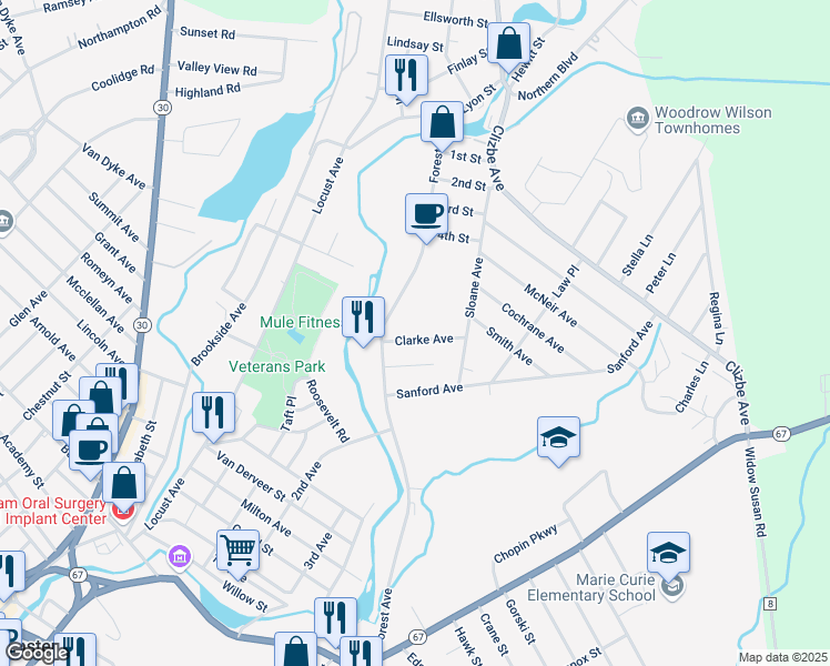 map of restaurants, bars, coffee shops, grocery stores, and more near 6 Clarke Avenue in Amsterdam