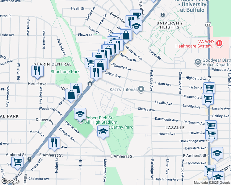 map of restaurants, bars, coffee shops, grocery stores, and more near 98 Lasalle Avenue in Buffalo