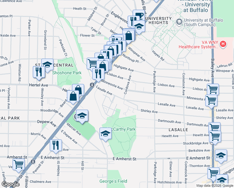 map of restaurants, bars, coffee shops, grocery stores, and more near 98 Lasalle Avenue in Buffalo