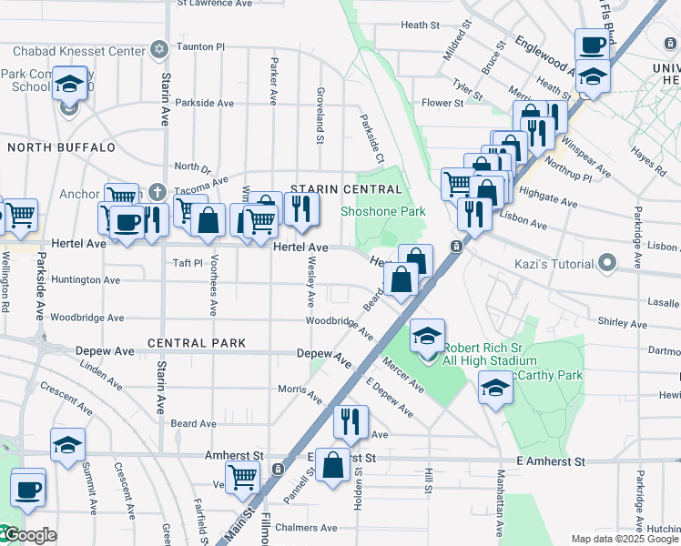 map of restaurants, bars, coffee shops, grocery stores, and more near 85 Huntington Avenue in Buffalo
