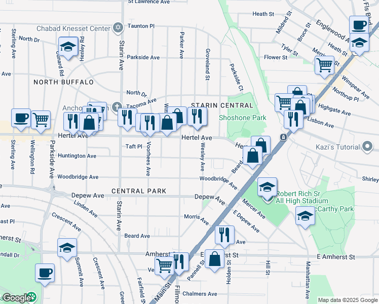 map of restaurants, bars, coffee shops, grocery stores, and more near 161 Huntington Avenue in Buffalo