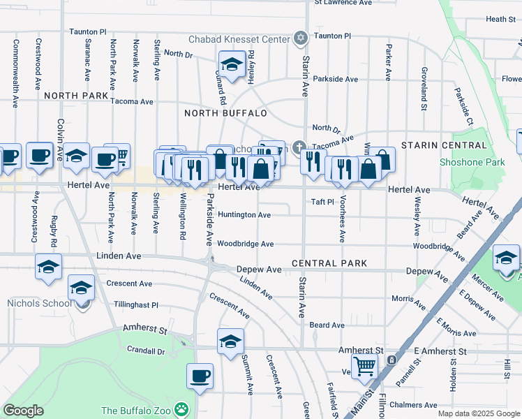 map of restaurants, bars, coffee shops, grocery stores, and more near 367 Huntington Avenue in Buffalo