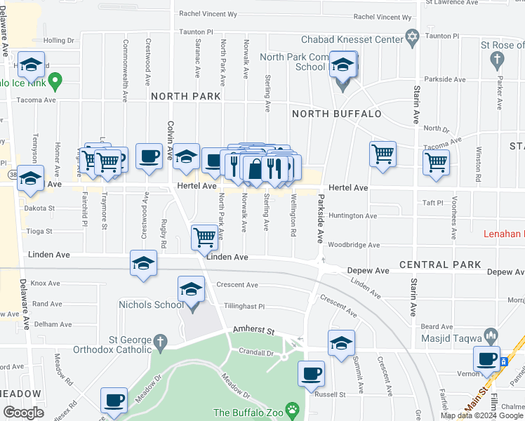 map of restaurants, bars, coffee shops, grocery stores, and more near 70 Sterling Avenue in Buffalo