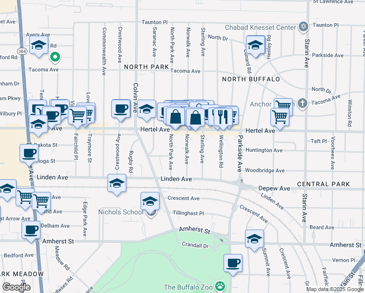 map of restaurants, bars, coffee shops, grocery stores, and more near 70 Norwalk Avenue in Buffalo