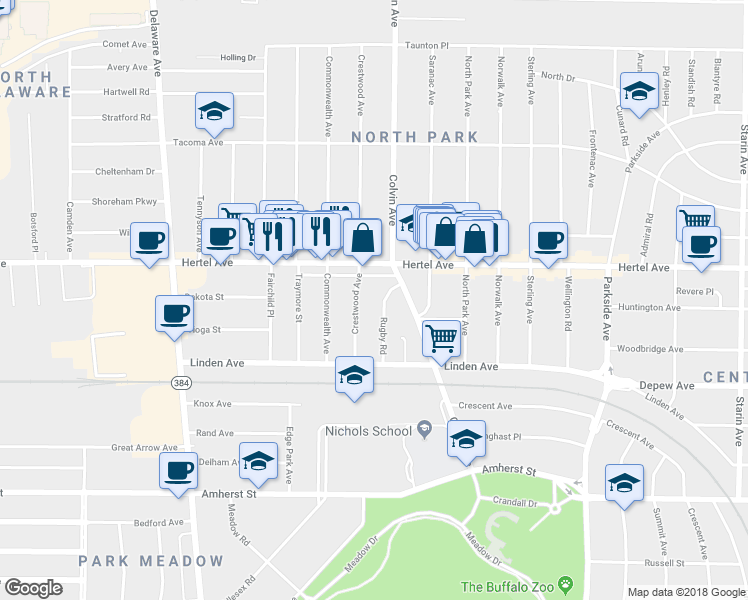 map of restaurants, bars, coffee shops, grocery stores, and more near 68 Rugby Road in Buffalo