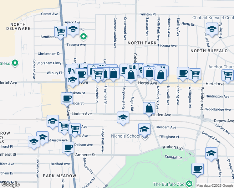 map of restaurants, bars, coffee shops, grocery stores, and more near 68 Crestwood Avenue in Buffalo