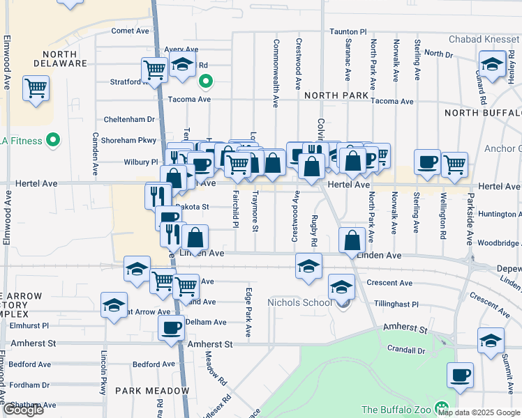 map of restaurants, bars, coffee shops, grocery stores, and more near 67 Traymore Street in Buffalo