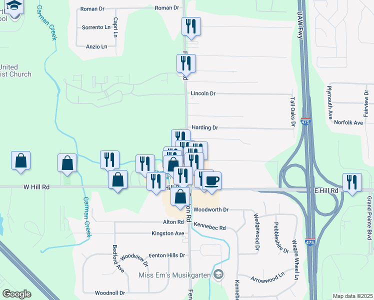 map of restaurants, bars, coffee shops, grocery stores, and more near 5470 Fenton Road in Flint