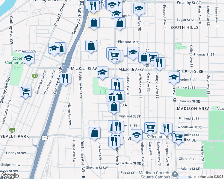 map of restaurants, bars, coffee shops, grocery stores, and more near 877-929 Division Avenue South in Grand Rapids