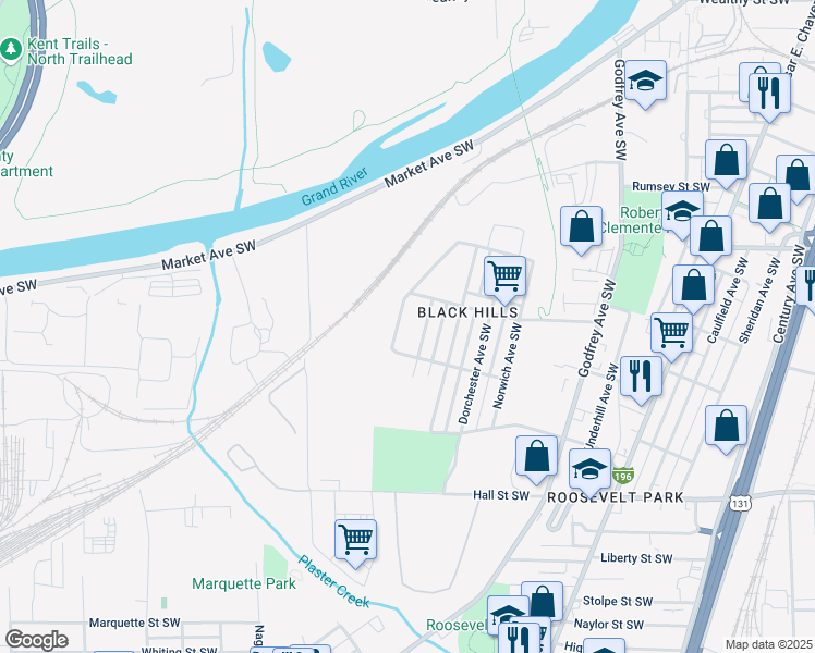 map of restaurants, bars, coffee shops, grocery stores, and more near 931 Merrill Avenue Southwest in Grand Rapids