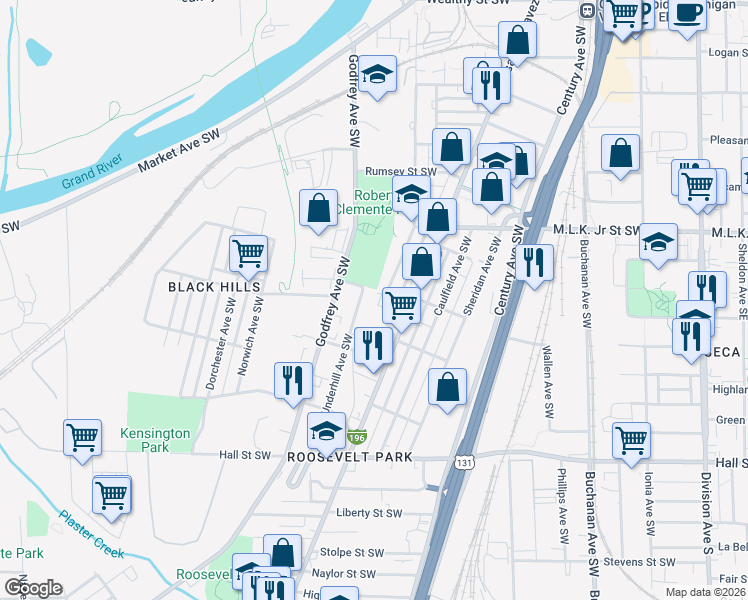 map of restaurants, bars, coffee shops, grocery stores, and more near 535 Gilners Court Southwest in Grand Rapids