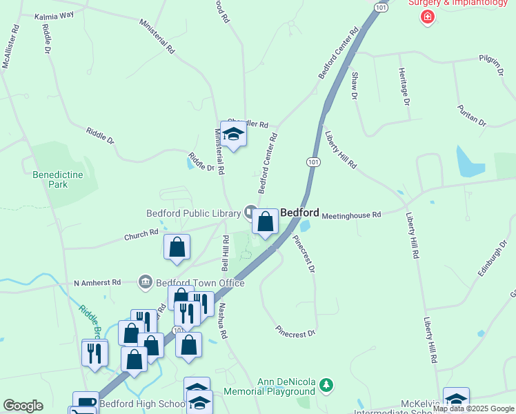 map of restaurants, bars, coffee shops, grocery stores, and more near 70 Bedford Center Road in Bedford