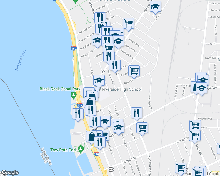 map of restaurants, bars, coffee shops, grocery stores, and more near 11 Humphrey Road in Buffalo