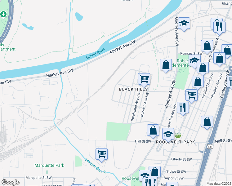map of restaurants, bars, coffee shops, grocery stores, and more near 930 Woolsey Drive Southwest in Grand Rapids