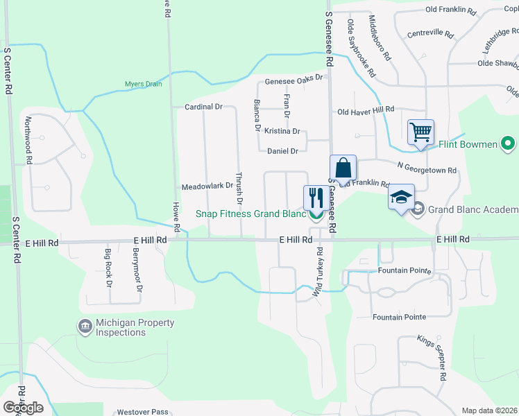 map of restaurants, bars, coffee shops, grocery stores, and more near 5522 Liberty Bell Road in Grand Blanc