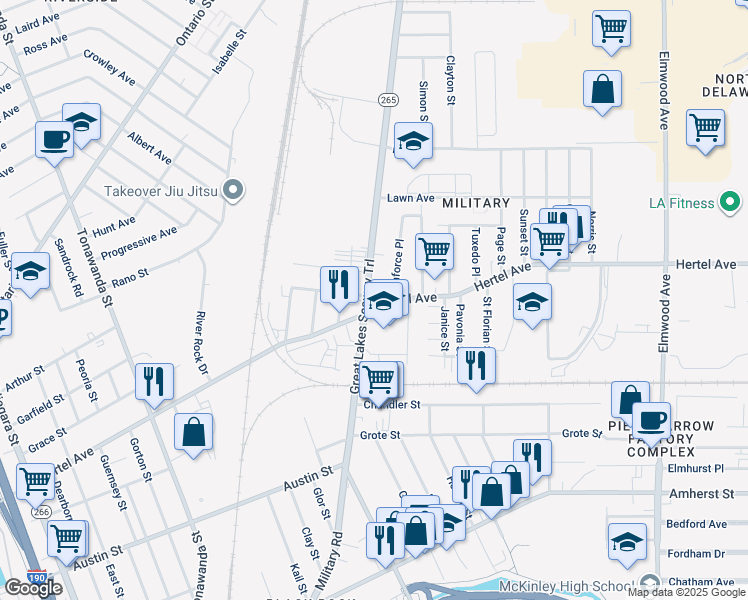 map of restaurants, bars, coffee shops, grocery stores, and more near 355 Military Rd in Buffalo