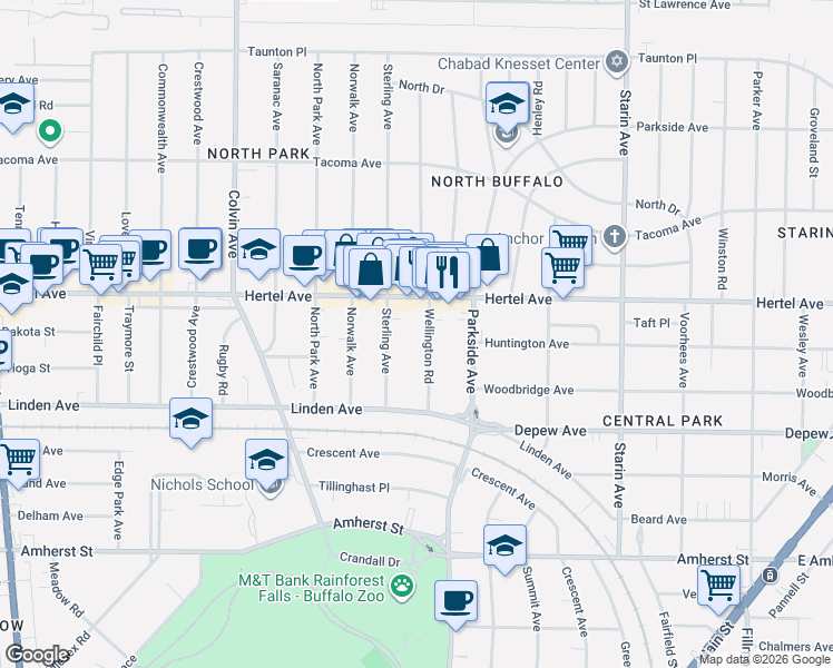 map of restaurants, bars, coffee shops, grocery stores, and more near 78 Wellington Road in Buffalo