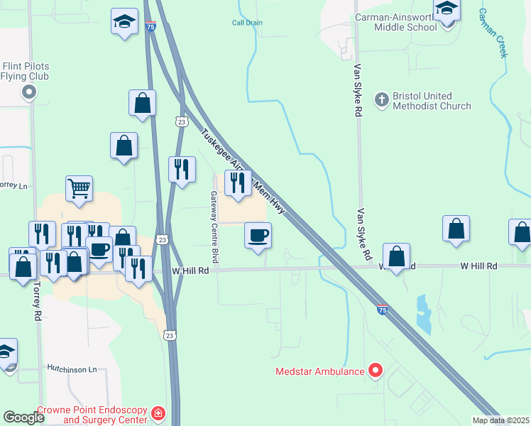 map of restaurants, bars, coffee shops, grocery stores, and more near 5361 Gateway Centre Boulevard in Flint
