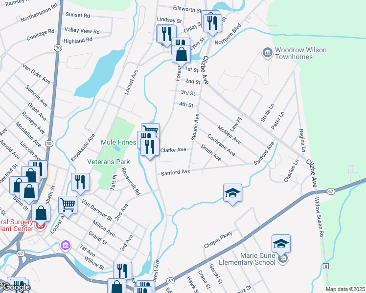 map of restaurants, bars, coffee shops, grocery stores, and more near 38 Clarke Avenue in Amsterdam