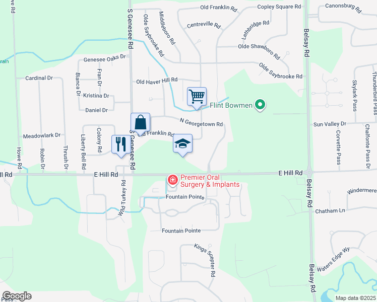 map of restaurants, bars, coffee shops, grocery stores, and more near 5135 East Hill Road in Grand Blanc