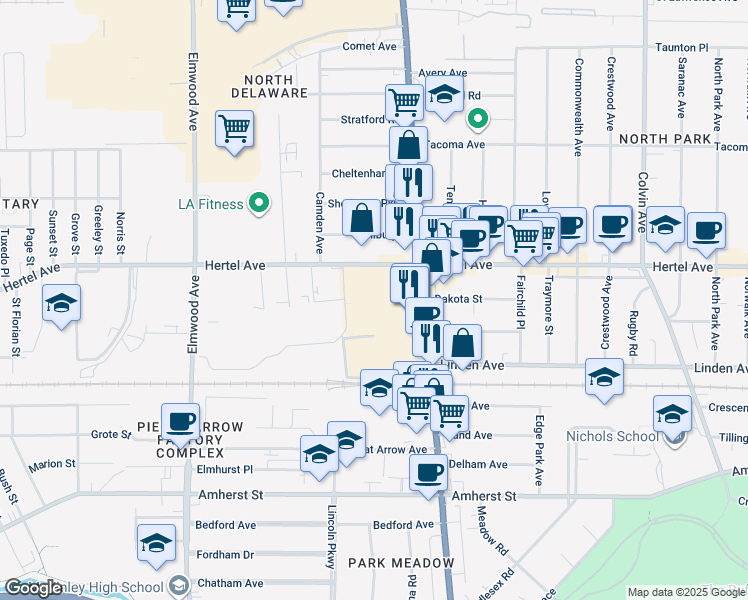 map of restaurants, bars, coffee shops, grocery stores, and more near 1025 Hertel Avenue in Buffalo