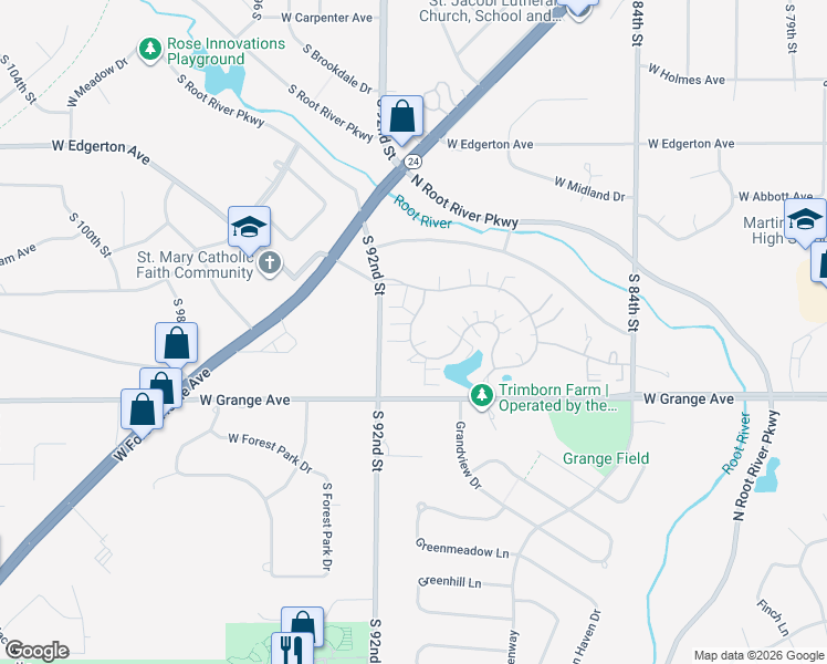 map of restaurants, bars, coffee shops, grocery stores, and more near 8975 Woodbridge Drive in Greendale