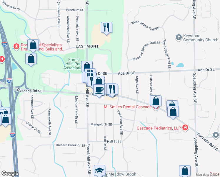 map of restaurants, bars, coffee shops, grocery stores, and more near 883 Orlando Avenue Southeast in Grand Rapids