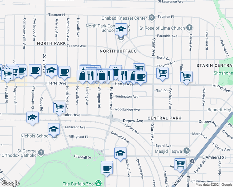 map of restaurants, bars, coffee shops, grocery stores, and more near 451 Huntington Avenue in Buffalo