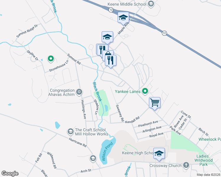 map of restaurants, bars, coffee shops, grocery stores, and more near 53 Sweeney Rd in Keene