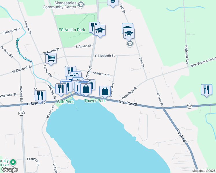 map of restaurants, bars, coffee shops, grocery stores, and more near 16 Leitch Avenue in Skaneateles