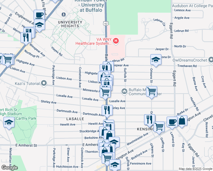 map of restaurants, bars, coffee shops, grocery stores, and more near Bailey Avenue & Lisbon Avenue in Buffalo