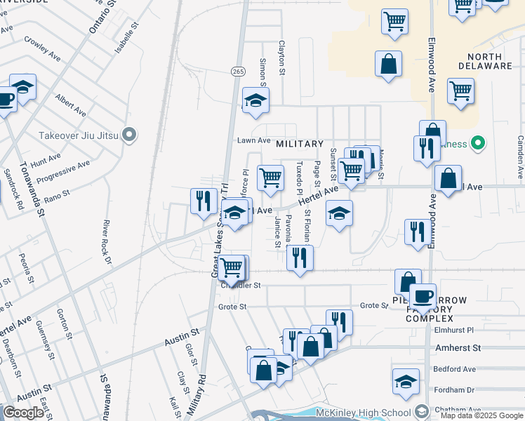 map of restaurants, bars, coffee shops, grocery stores, and more near 541 Hertel Ave in Buffalo