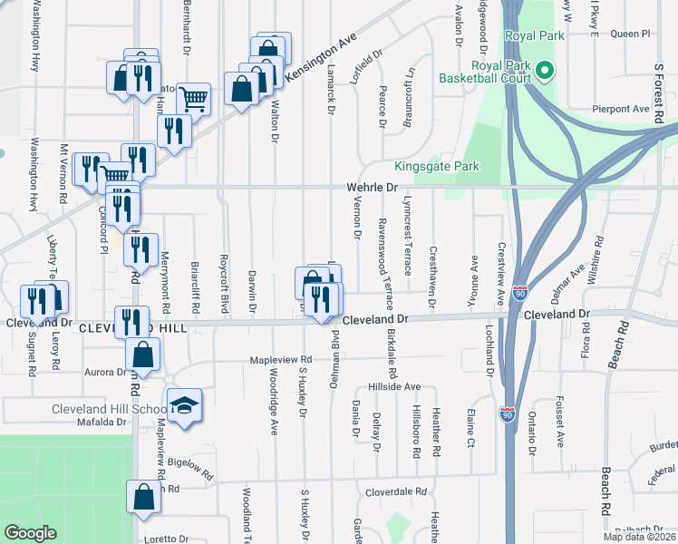 map of restaurants, bars, coffee shops, grocery stores, and more near 4 Vernon Drive in Buffalo