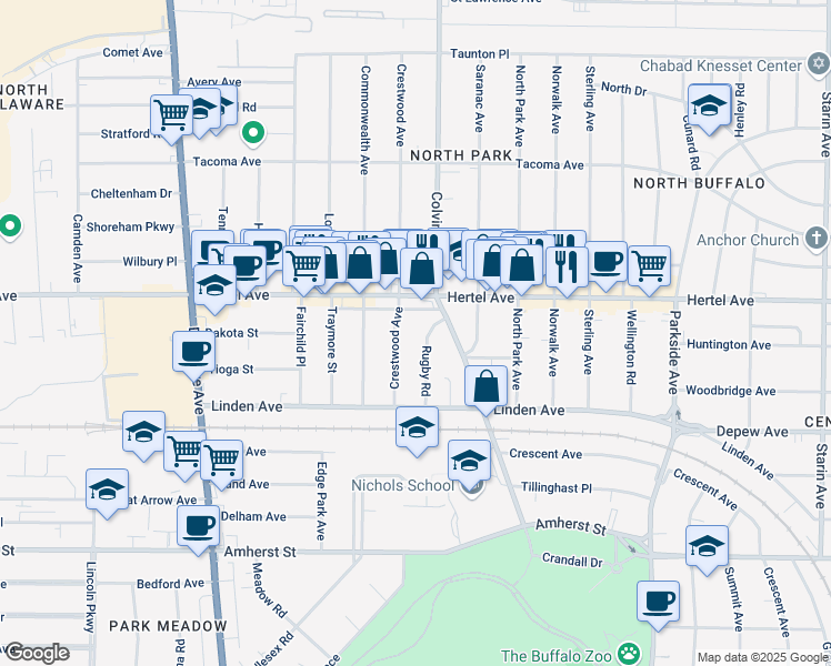 map of restaurants, bars, coffee shops, grocery stores, and more near 68 Rugby Road in Buffalo