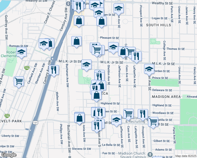 map of restaurants, bars, coffee shops, grocery stores, and more near 877-929 Division Avenue South in Grand Rapids