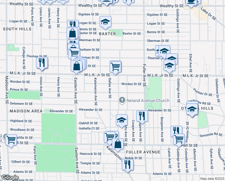 map of restaurants, bars, coffee shops, grocery stores, and more near 1007 Prince Street Southeast in Grand Rapids
