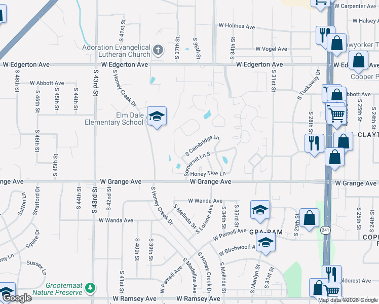 map of restaurants, bars, coffee shops, grocery stores, and more near S Cambridge Ln in Greenfield