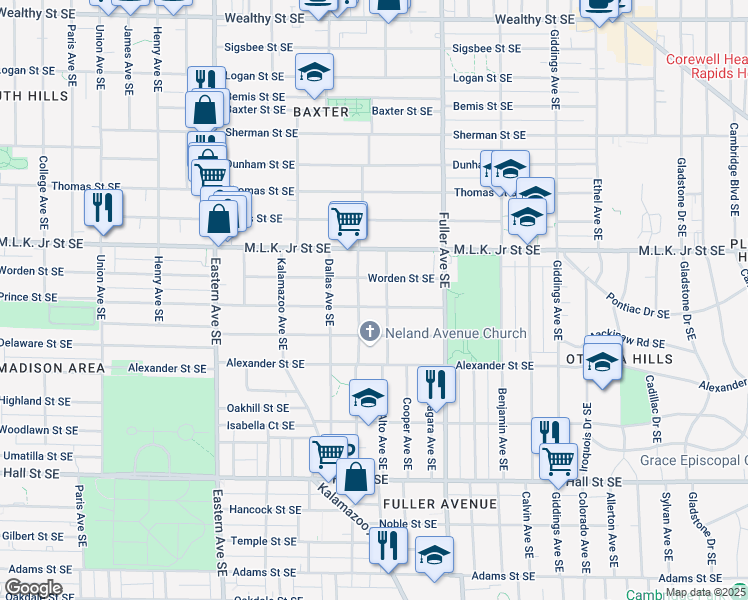 map of restaurants, bars, coffee shops, grocery stores, and more near 1049 Prince Street Southeast in Grand Rapids